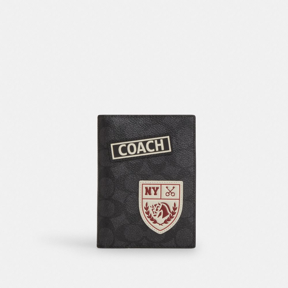 COACH®,ÉTUI À CARTES PASSEPORT EN TOILE SIGNATURE AVEC ÉCUSSONS,Toile exclusive,Gris acier/Anthracite Multi,Front View