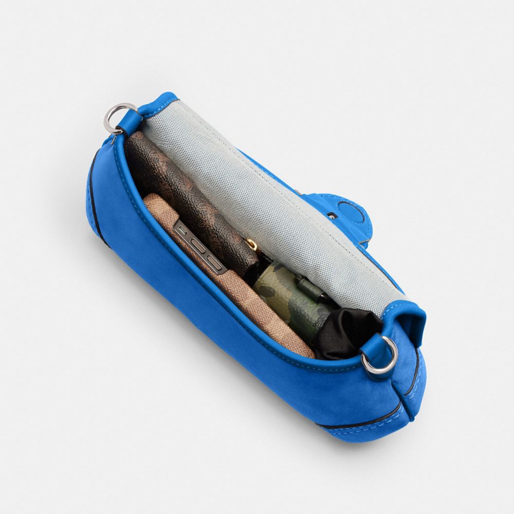 COACH®,Soho Flap Bag,Suede,Saddle Bag,Silver Metal,Day Party,Blue,Inside View,Top View
