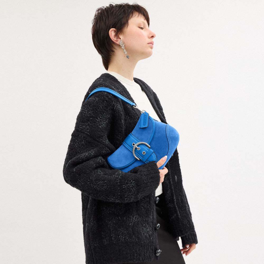 COACH®,Soho Flap Bag,Suede,Saddle Bag,Silver Metal,Day Party,Blue,Detail View