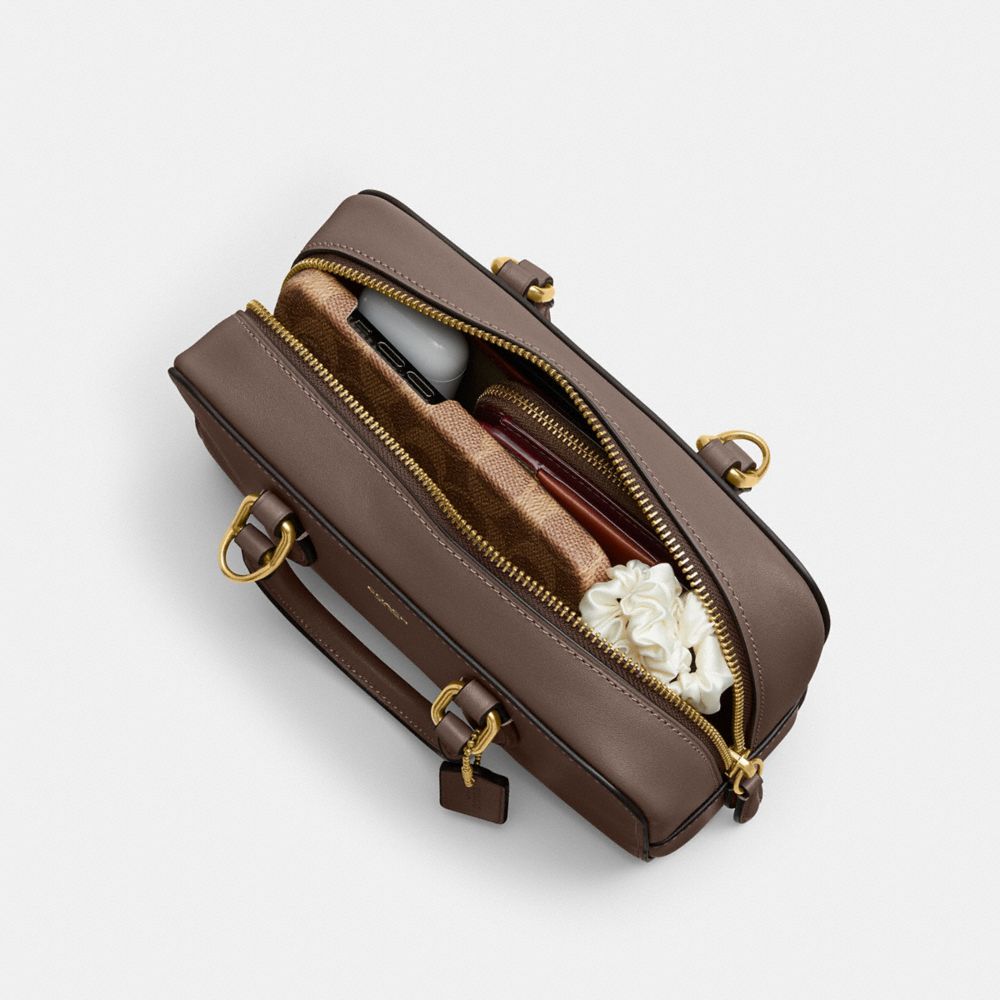 COACH®,Bowery Satchel 22,Leather,Crossbody,Logo,Brass,Work,Brown,Inside View,Top View