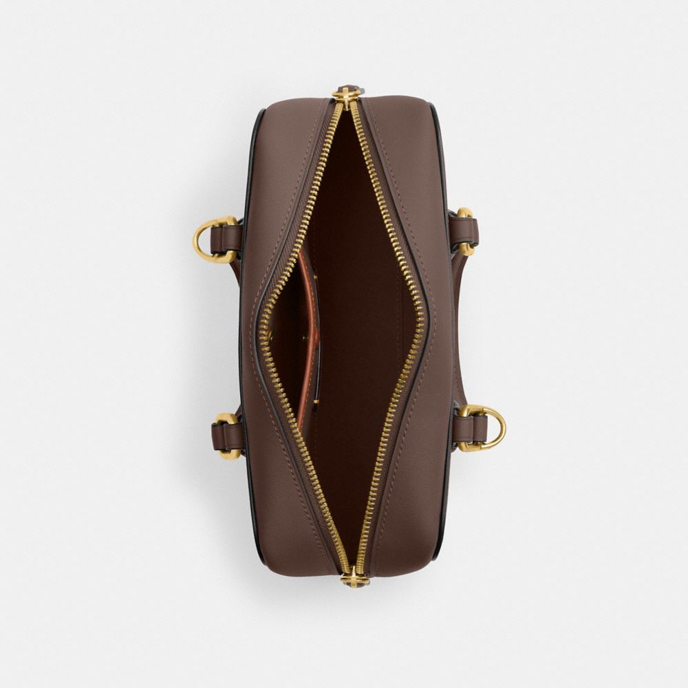 COACH®,Bowery Satchel 22,Leather,Crossbody,Logo,Brass,Work,Brown,Inside View,Top View