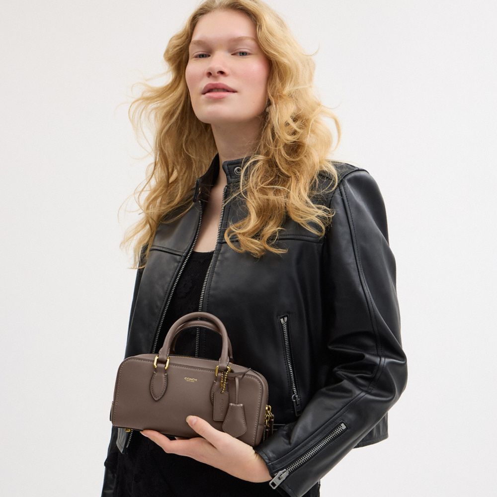 COACH®,Bowery Satchel 22,Leather,Crossbody,Logo,Brass,Work,Brown,Detail View