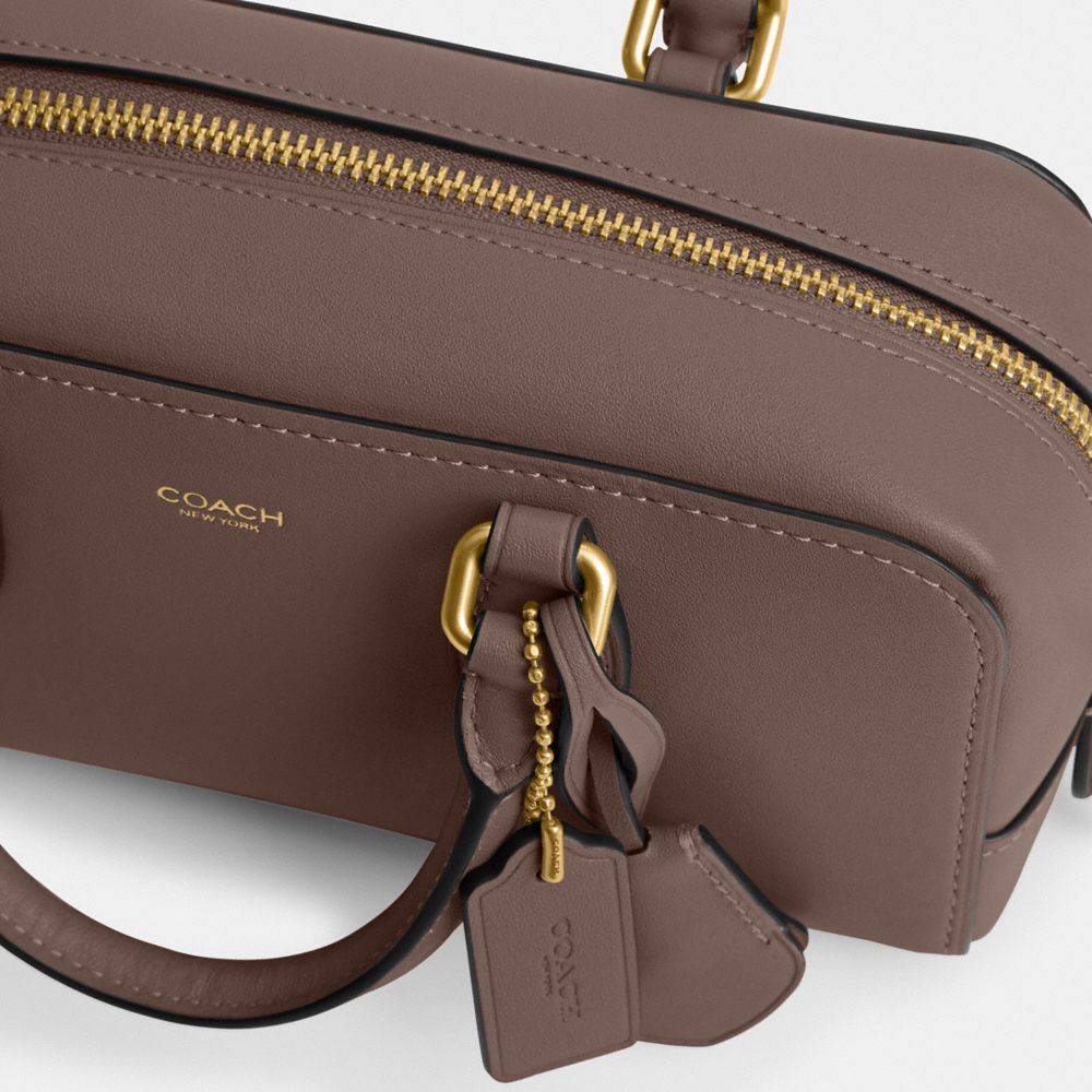 COACH®,Bowery Satchel 22,Leather,Crossbody,Logo,Brass,Work,Brown,Closer View