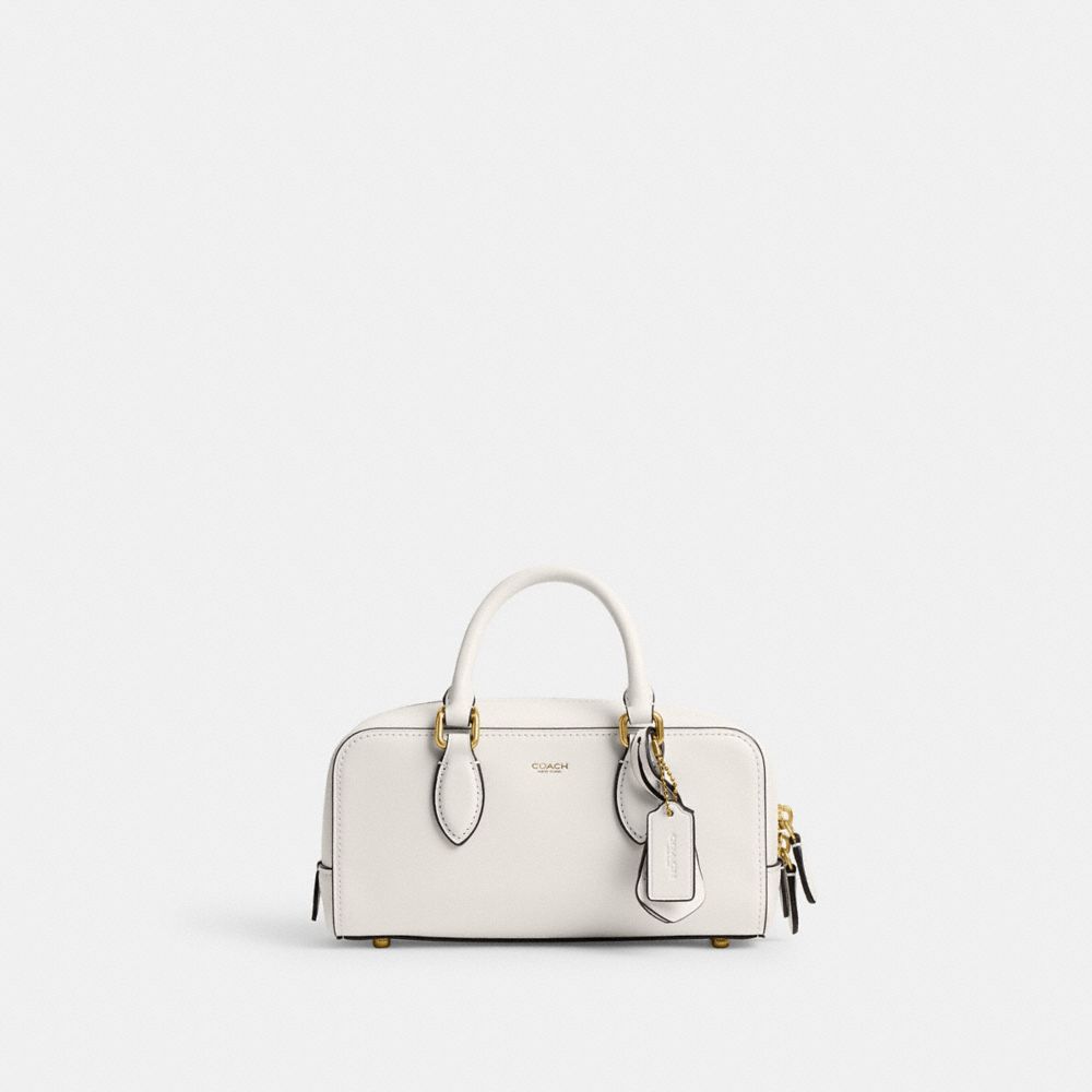 COACH®,Bowery Satchel 22,Leather,Crossbody,Logo,Brass,Work,White,Front View