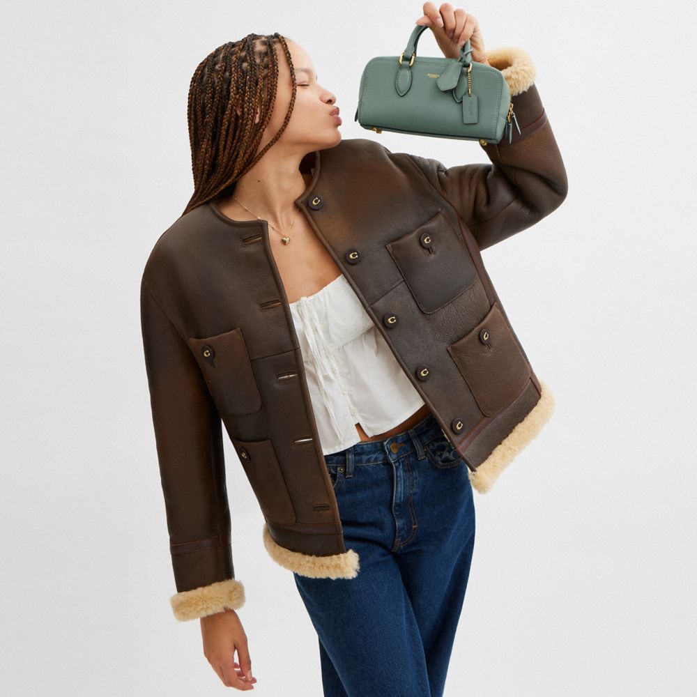 COACH®,Bowery Satchel 22,Leather,Crossbody,Logo,Brass,Work,,Detail View