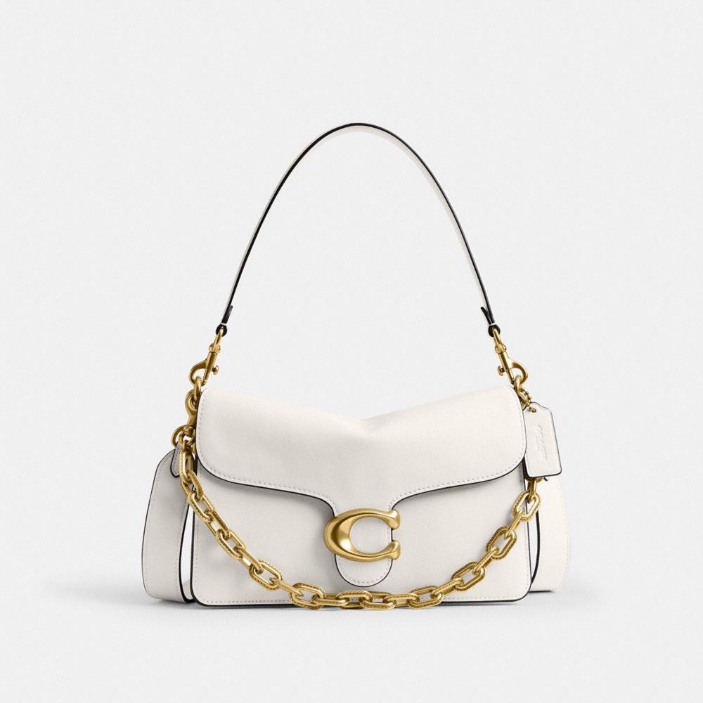 COACH®,Chain Tabby Shoulder Bag,Leather,Shoulder Bag,Chain Detail,Logo,Embossed,Metal,Brass,Day Party,White,Front View