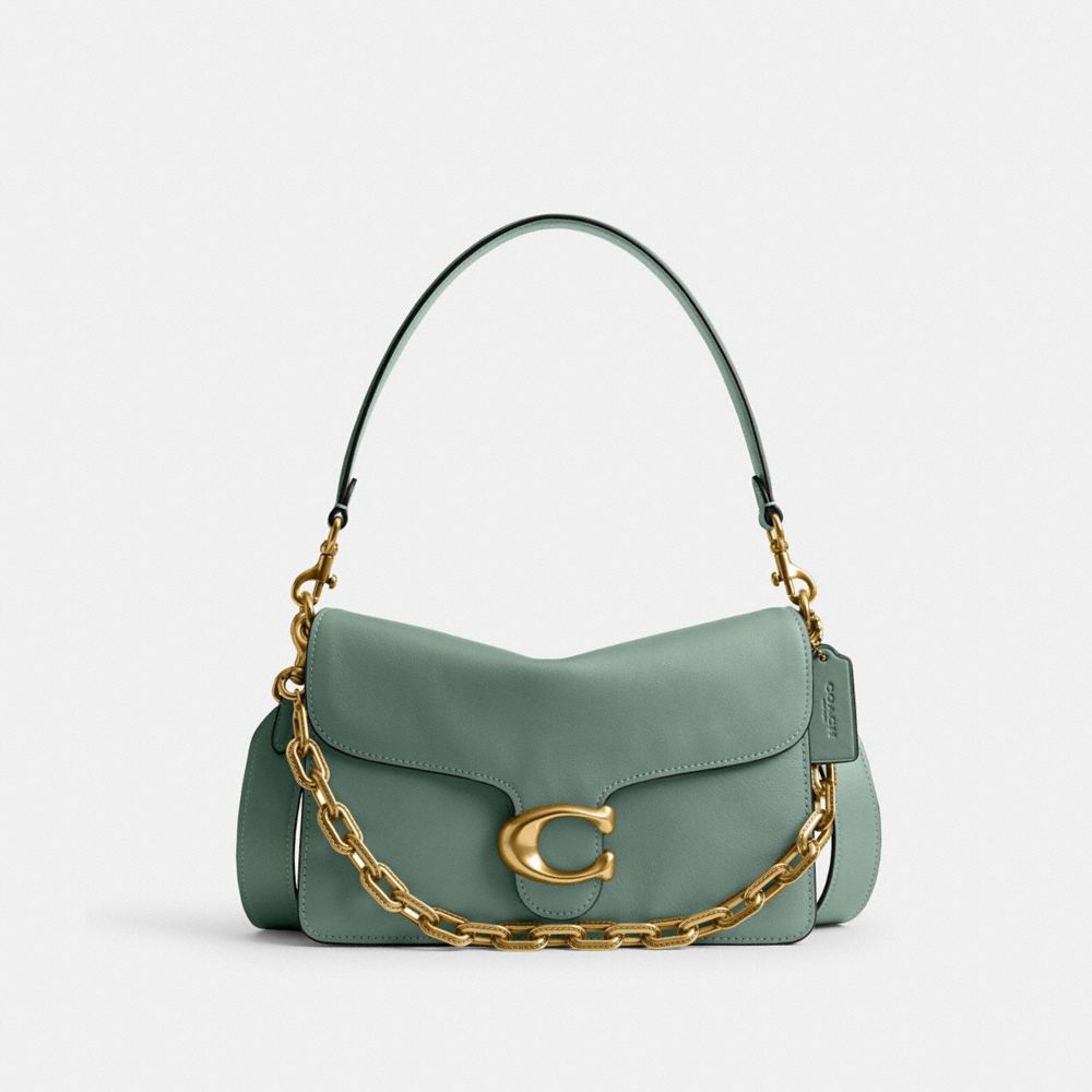 COACH®,Chain Tabby Shoulder Bag,Leather,Shoulder Bag,Chain Detail,Logo,Embossed,Metal,Brass,Day Party,Green,Front View