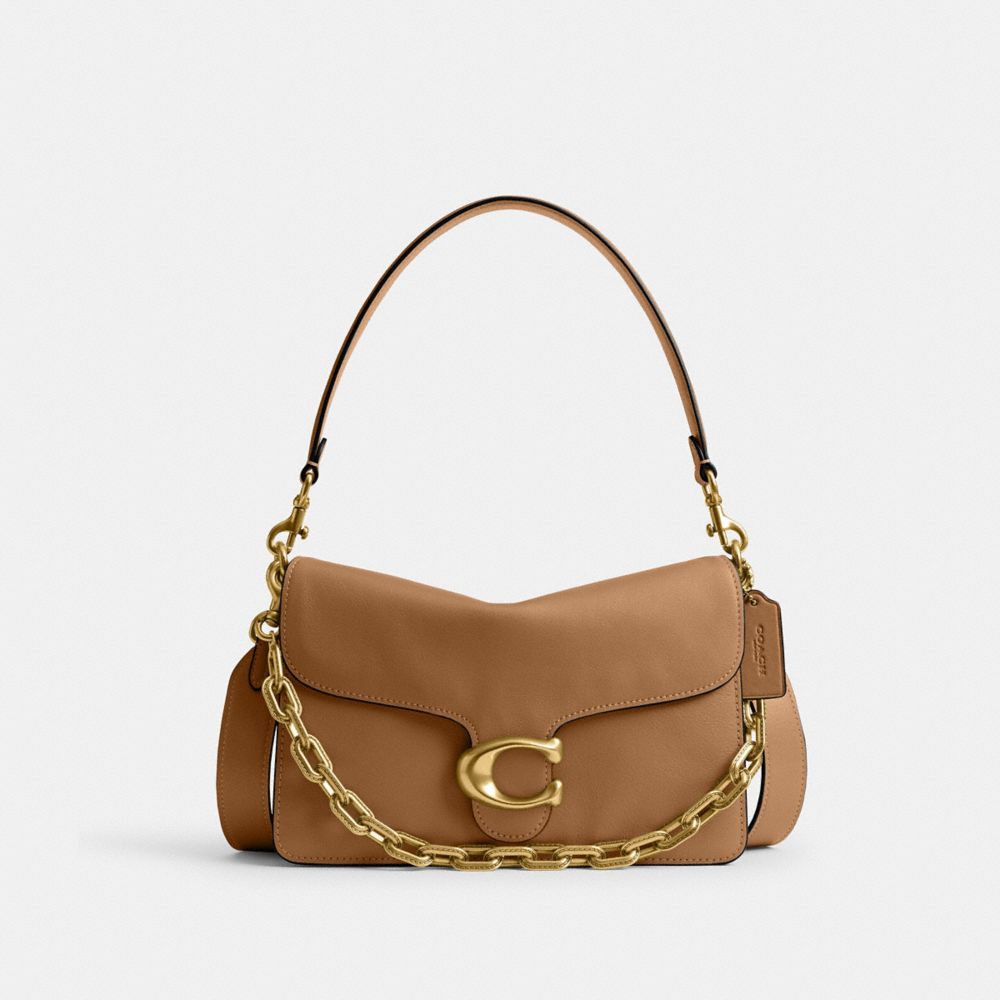 COACH®,Chain Tabby Shoulder Bag,Leather,Shoulder Bag,Chain Detail,Logo,Embossed,Metal,Brass,Day Party,Brown,Front View image number 0