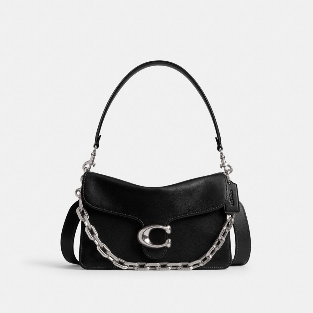 COACH®,Chain Tabby Shoulder Bag,Leather,Shoulder Bag,Logo,Metal,Brass,Day Party,Black,Front View