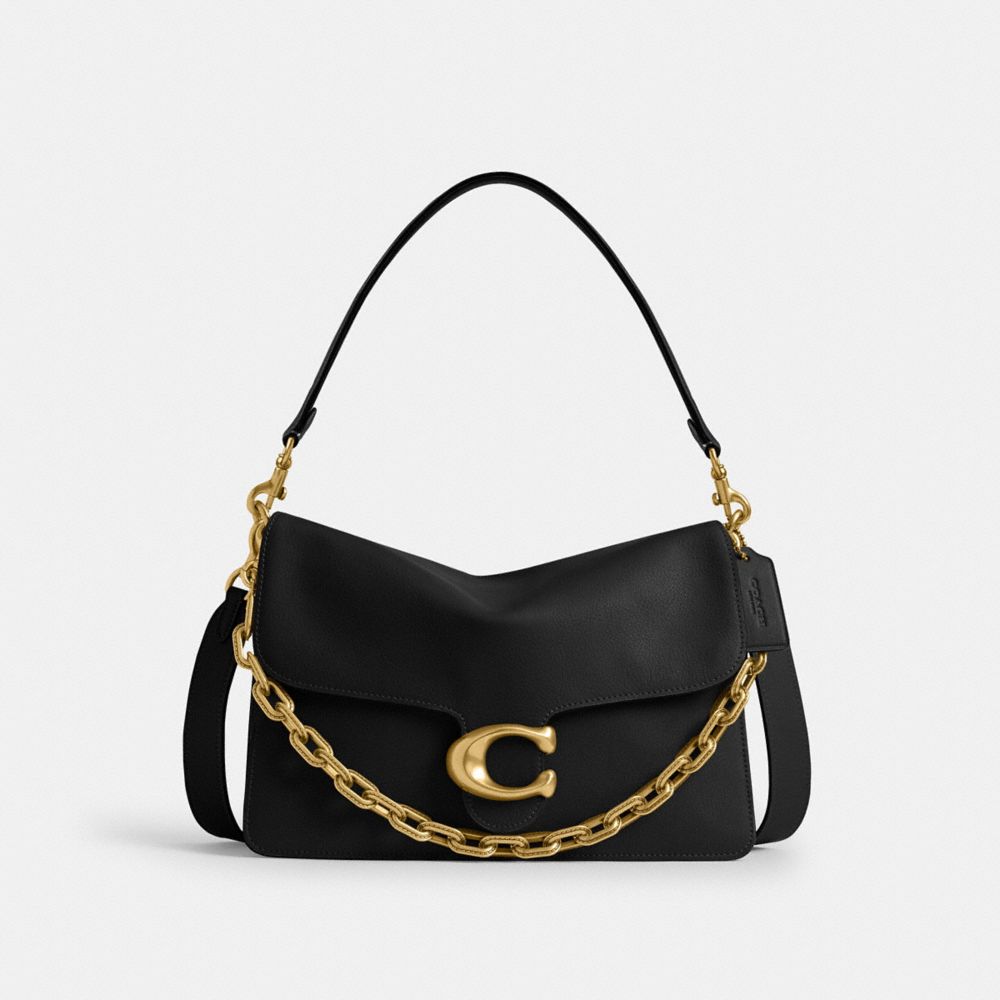 COACH®,Chain Tabby Shoulder Bag 30,Leather,Shoulder Bag,Embossed,Chain Detail,Metal,Logo,Brass,Day Party,Black,Front View