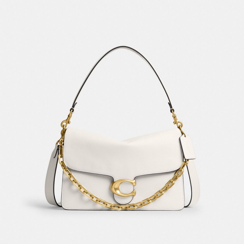 COACH®,Chain Tabby Shoulder Bag 30,Leather,Shoulder Bag,Embossed,Chain Detail,Metal,Logo,Brass,Day Party,White,Front View