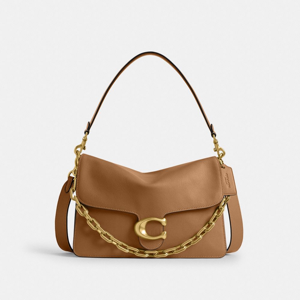 COACH®,Chain Tabby Shoulder Bag 30,Leather,Shoulder Bag,Embossed,Chain Detail,Metal,Logo,Brass,Day Party,Brown,Front View