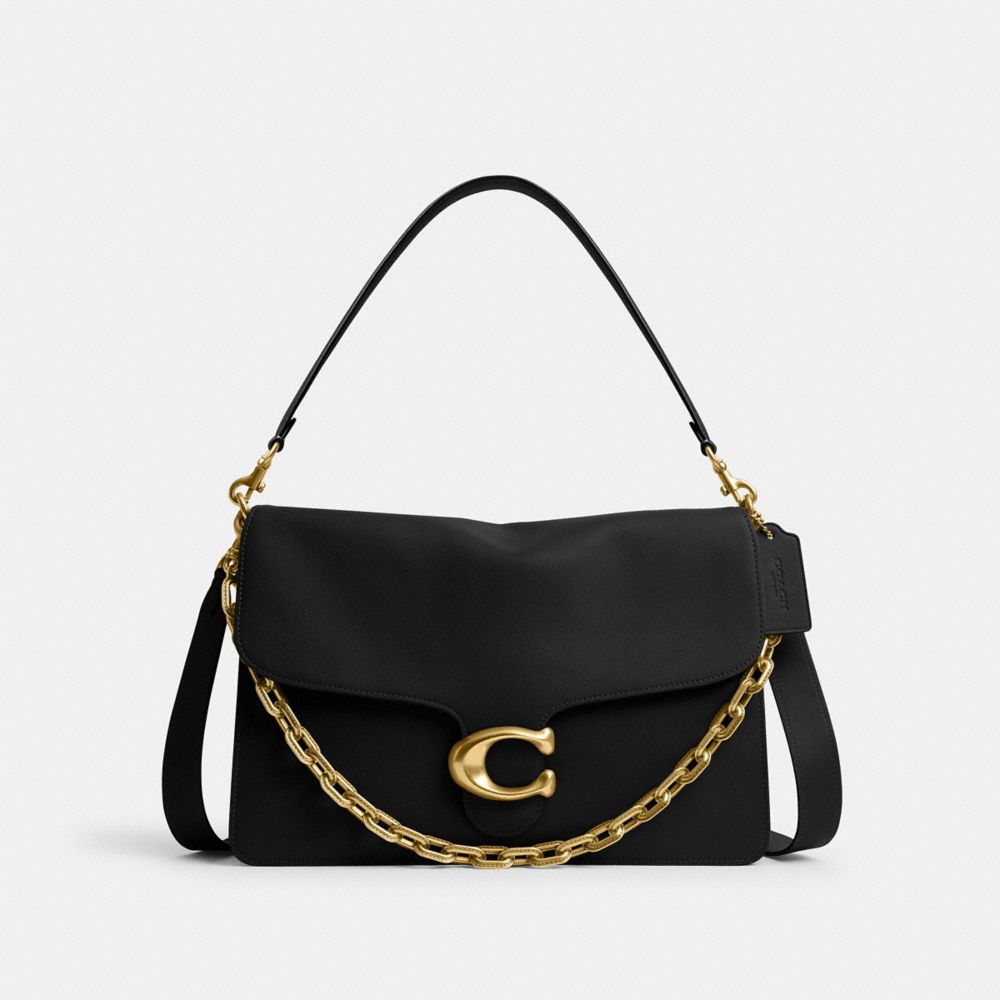 COACH®,Chain Tabby Shoulder Bag 35,Leather,Shoulder Bag,Chain Detail,Embossed,Logo,Metal,Brass,Day Party,Black,Front View