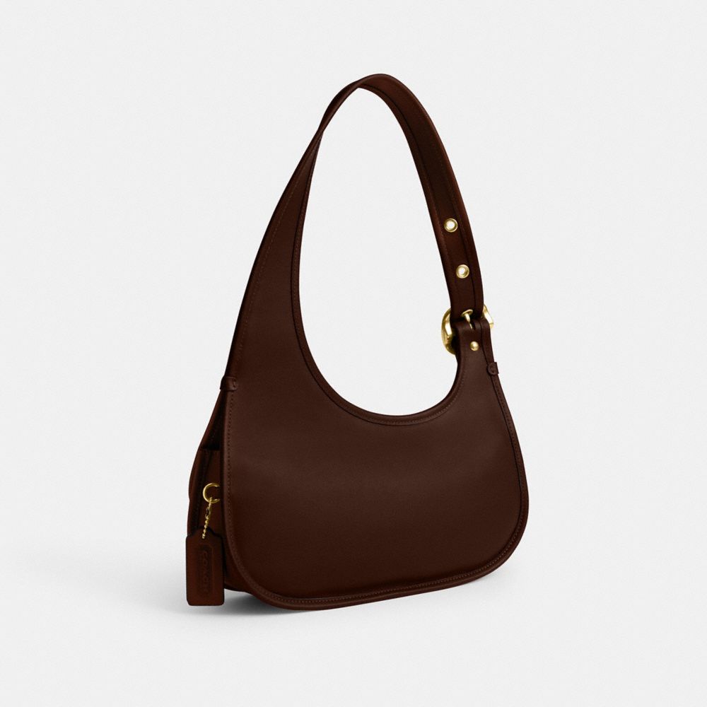 COACH®,Cashin Carry Crescent Bag,Leather,Shoulder Bag,Logo,Adjustable,Gold Metal,Day Party,Brown,Angle View