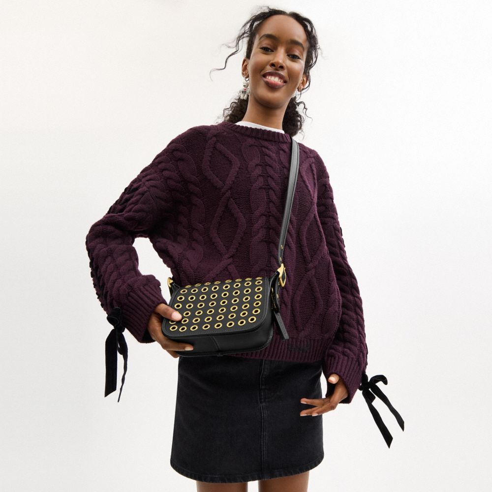 COACH®,Patricia Legacy Bag 19 With Grommets,Leather,Shoulder Bag,Embellished,Grommet,Adjustable,Brass,Casual,Black,Detail View