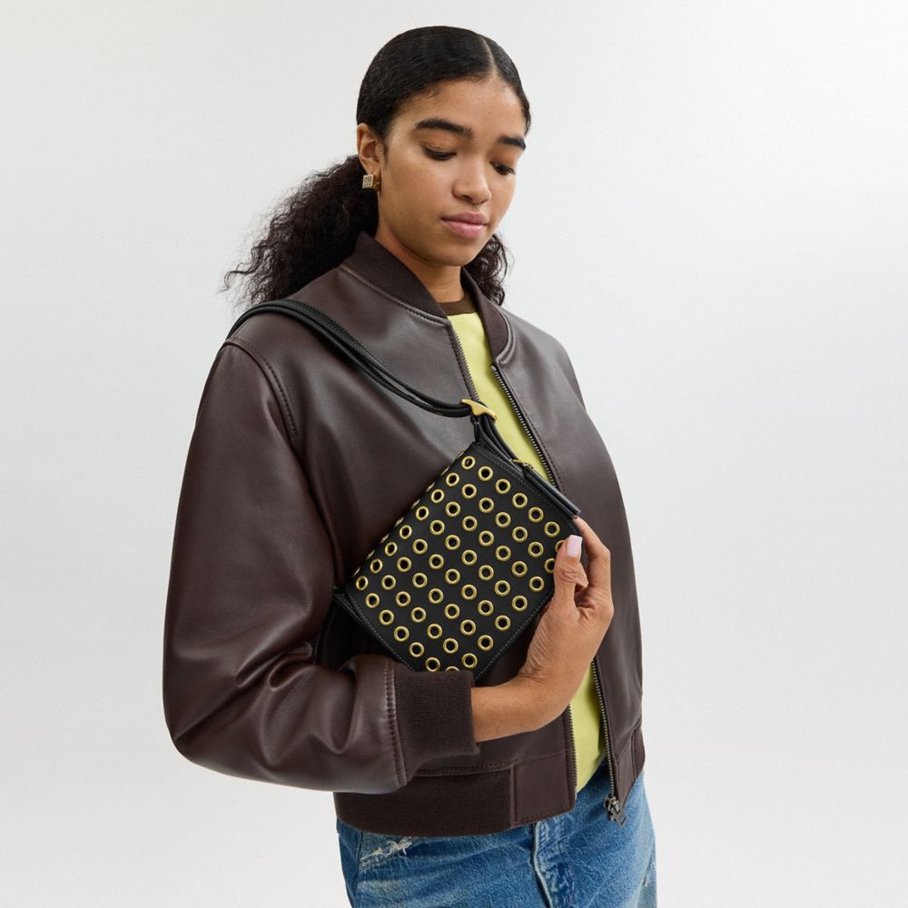 COACH®,Patricia Legacy Bag 19 With Grommets,Leather,Shoulder Bag,Embellished,Grommet,Adjustable,Brass,Casual,Black,Detail View