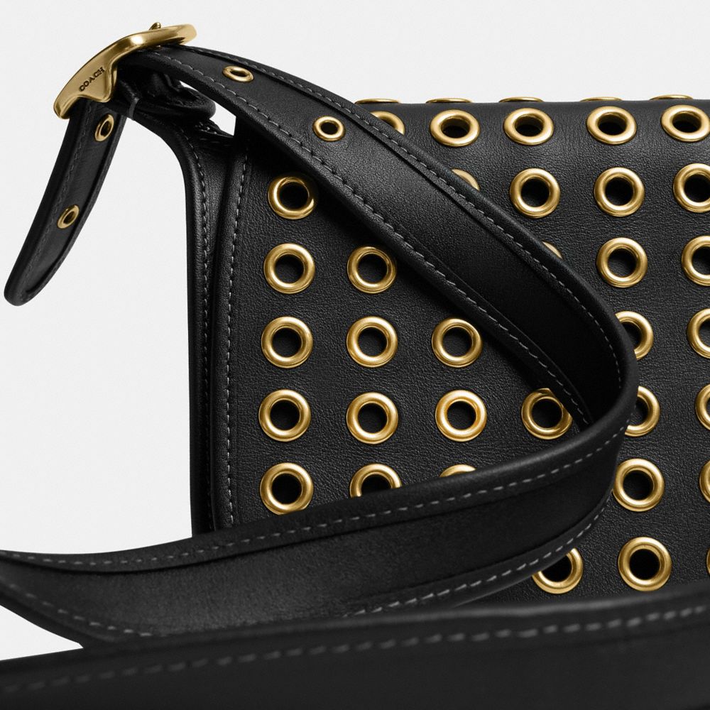 COACH®,Patricia Legacy Bag 19 With Grommets,Leather,Shoulder Bag,Embellished,Grommet,Adjustable,Brass,Casual,Black,Closer View
