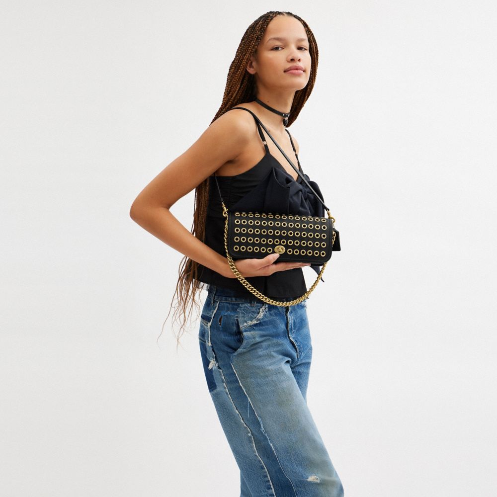 COACH®,Dinky Bag With Grommets,Shoulder Bag,Embellished,Grommet,Brass,Day Party,Black,Detail View
