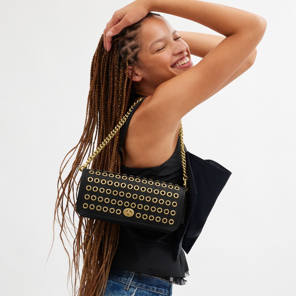 COACH®,Dinky Bag With Grommets,Shoulder Bag,Embellished,Grommet,Brass,Day Party,Black,Detail View