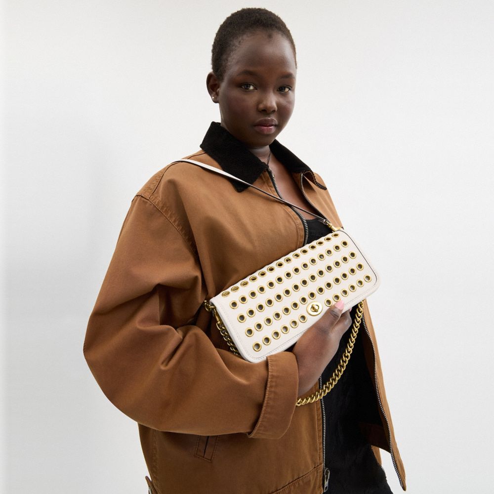 COACH®,Dinky Bag With Grommets,Shoulder Bag,Embellished,Grommet,Brass,Day Party,White