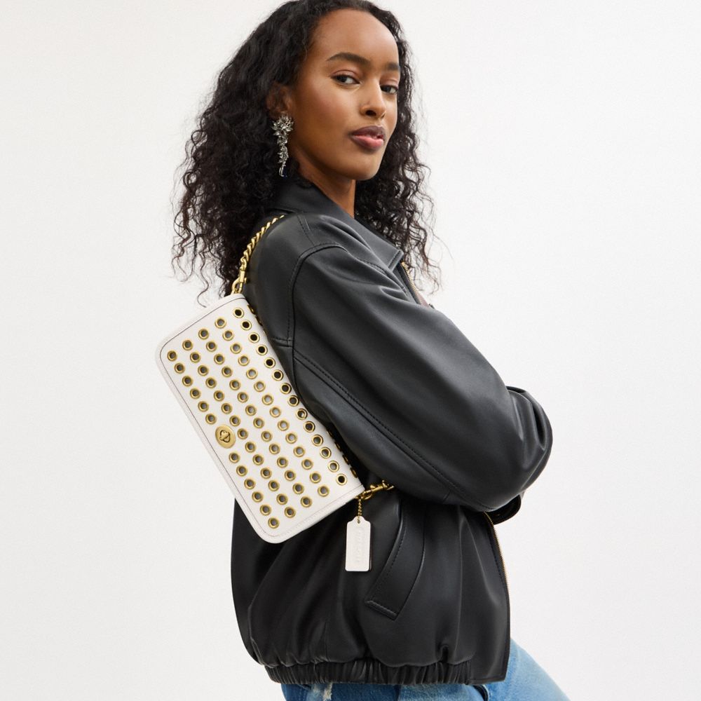 COACH®,Dinky Bag With Grommets,Shoulder Bag,Embellished,Grommet,Brass,Day Party,White,Detail View