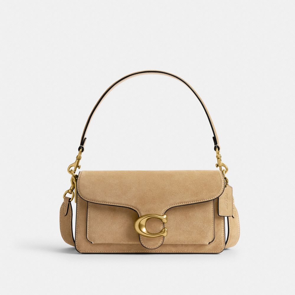 COACH®,Tabby Shoulder Bag 26,Suede,Calfskin Leather,Shoulder Bag,Embossed,Metal,Logo,Compact,Brass,Casual,Beige,Front View