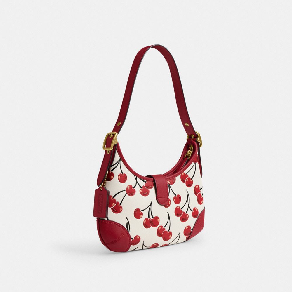 COACH®,Hamptons Hobo Bag With Cherry Print,Shoulder Bag,Logo,Piping,Glitter,Adjustable,Brass,Casual,White,Angle View
