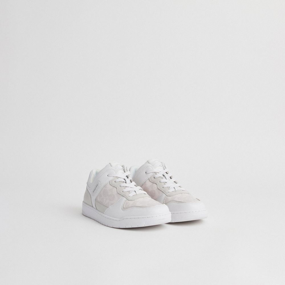 COACH®,Restored C201 Sneaker In Signature Canvas,Canvas,Rubber,Leather,Casual,Color Block,Traction,Casual,White,Angle View