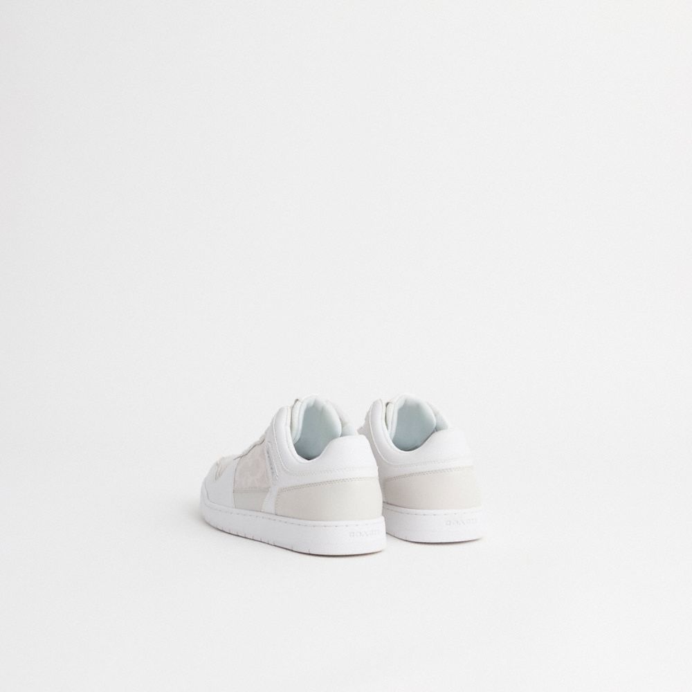 COACH®,Restored C201 Sneaker In Signature Canvas,Canvas,Rubber,Leather,Casual,Color Block,Traction,Casual,White,Back View