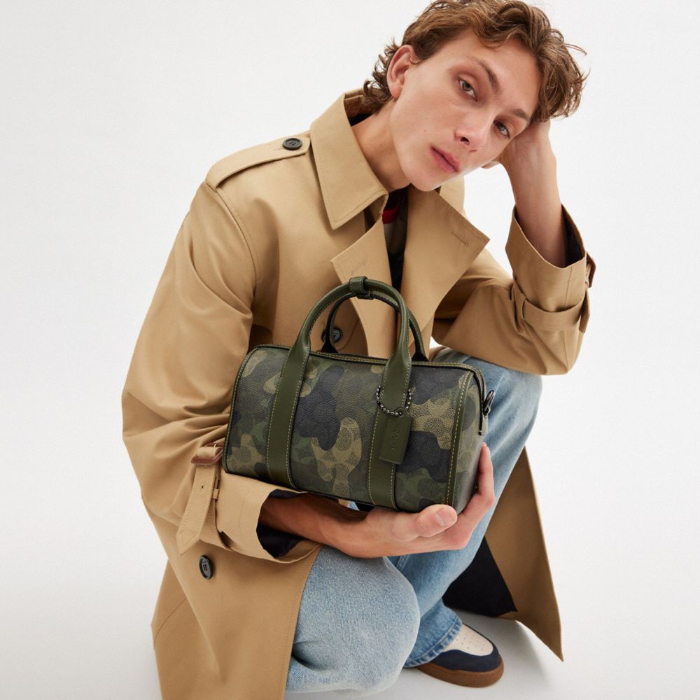 COACH®,Gotham Duffle Bag 24 In Signature Camo Print,Canvas,Leather,Bowler Bag,Embossed,Logo,Casual,Olive,Detail View