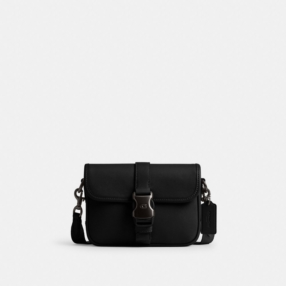 COACH®,League Crossbody Bag 19,Calfskin Leather,Crossbody,Logo,Metal,Embossed,Casual,Black,Front View