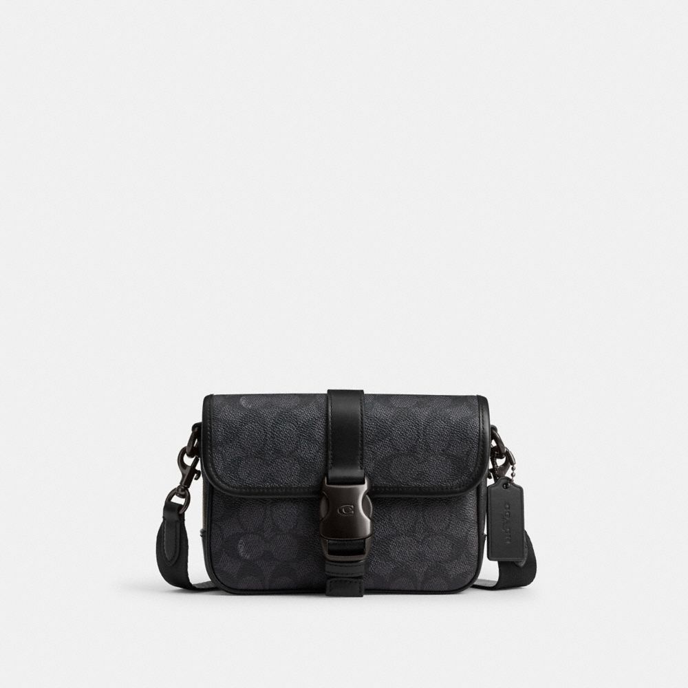 COACH®,League Crossbody Bag 19 In Signature Canvas,Canvas,Calfskin Leather,Crossbody,Logo,Casual,Black,Front View