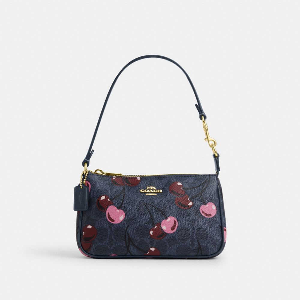 COACH®,Nolita 19 In Signature Canvas With Cherry Print,Canvas,Wristlet,Pouch,Casual,Navy,Front View image number 0