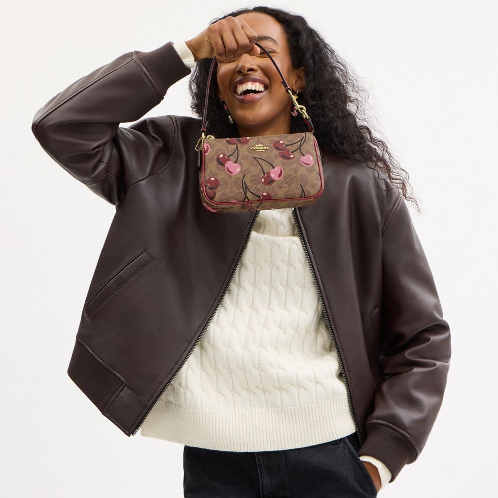 COACH®,Nolita 19 In Signature Canvas With Cherry Print,Canvas,Wristlet,Pouch,Casual,Brown,Detail View