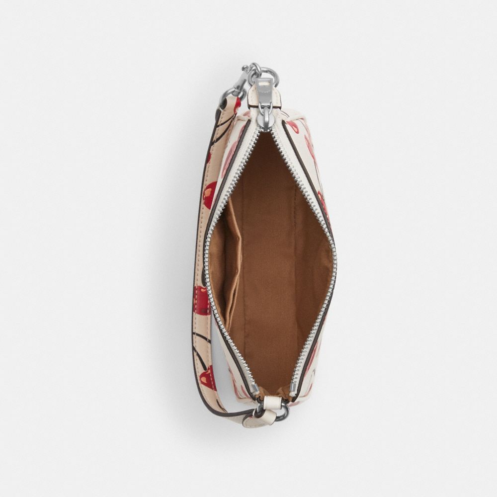COACH®,Nolita 19 With Cherry Print,Leather,Wristlet,Pouch,Logo,Metal,Word Embellishment,Casual,White,Inside View,Top View