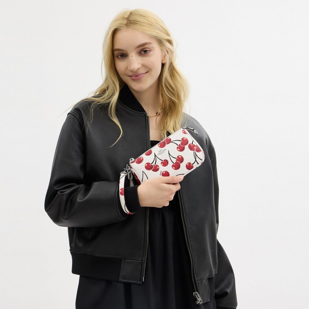 COACH®,Nolita 19 With Cherry Print,Leather,Wristlet,Pouch,Logo,Metal,Word Embellishment,Casual,White,Detail View