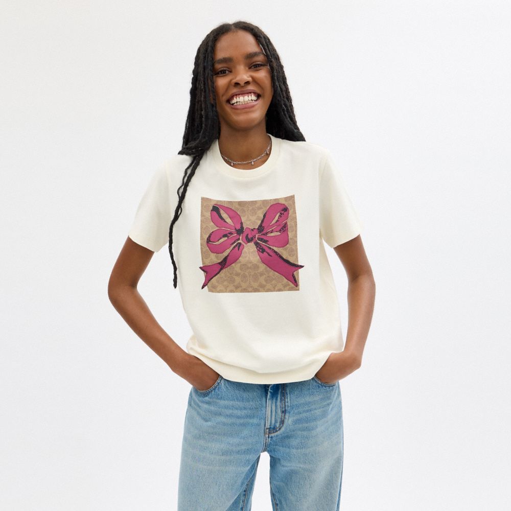 COACH®,Signature Square Bow T Shirt,Cotton,T Shirt,Casual,Cream,Scale View