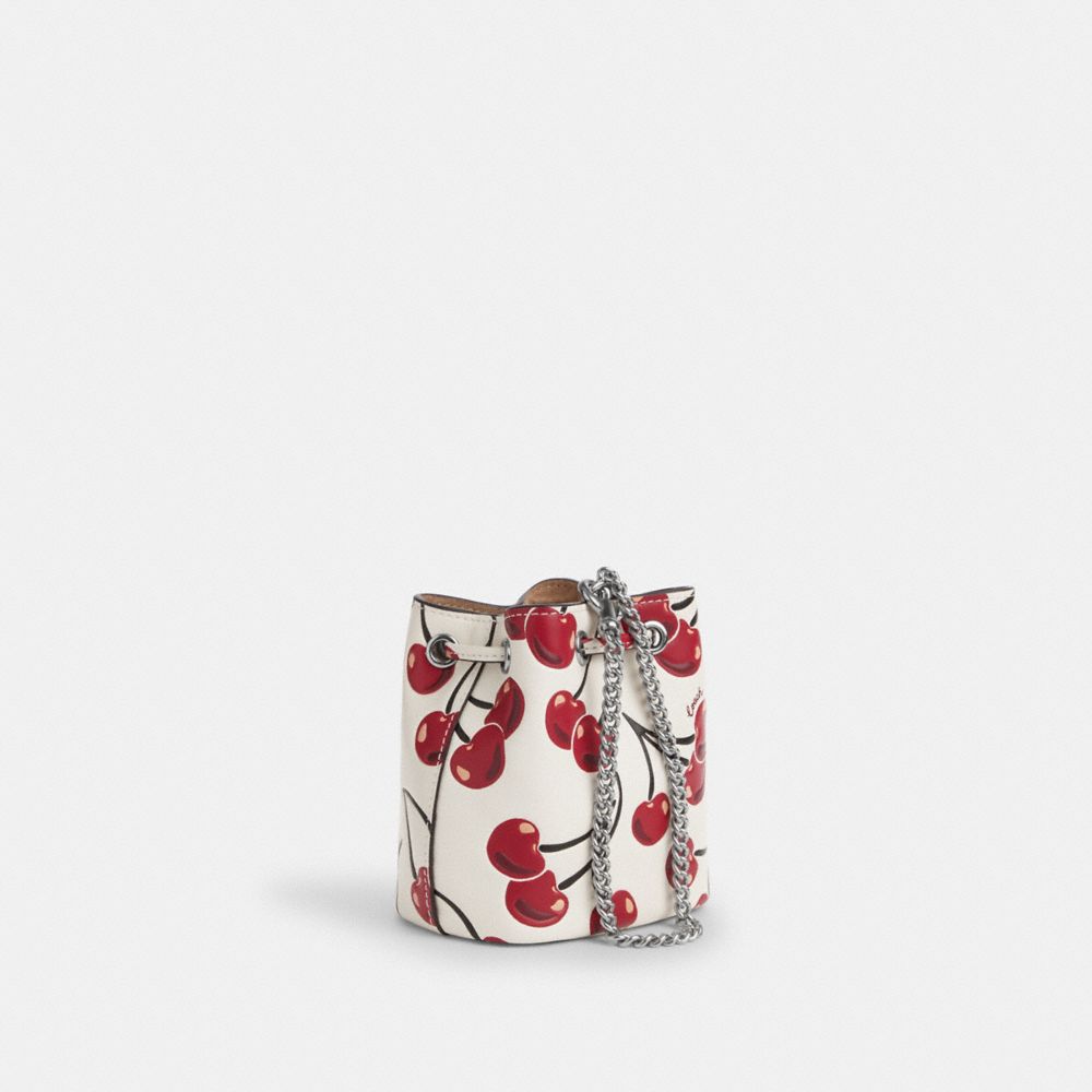 COACH®,Drawstring Wristlet With Cherry Print,Leather,Bucket,Chain Detail,Logo,Metal,Day Party,Multi Color,Angle View