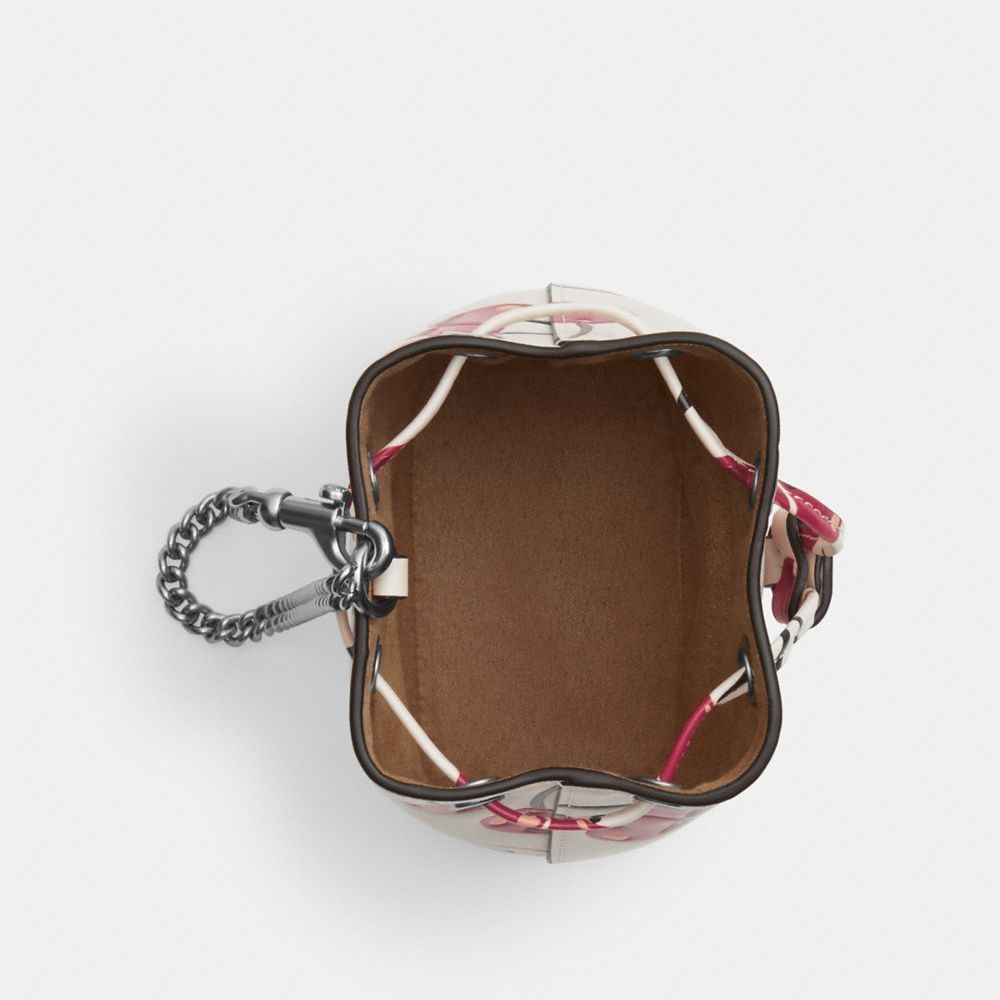 COACH®,Drawstring Wristlet With Cherry Print,Leather,Bucket,Chain Detail,Logo,Metal,Day Party,Multi Color,Inside View,Top View