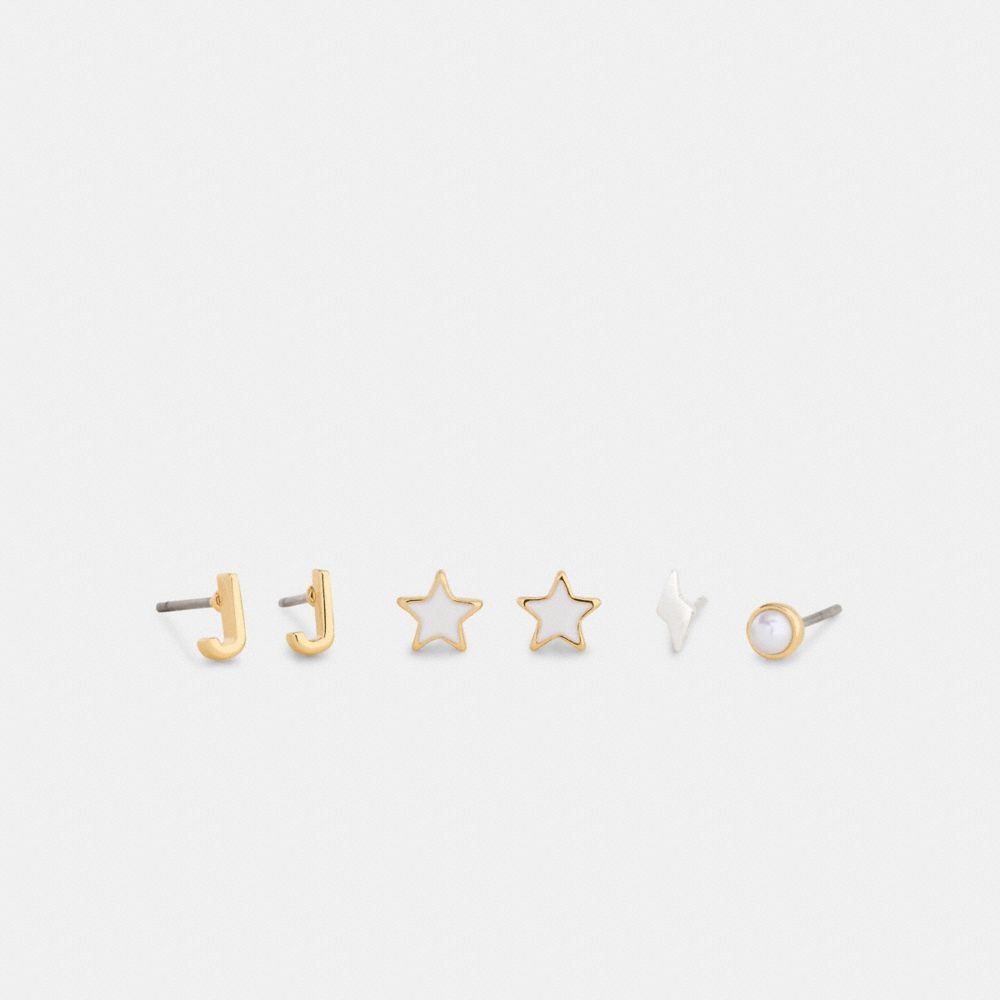 COACH®,J Initial Stud Earrings Set,White,Front View