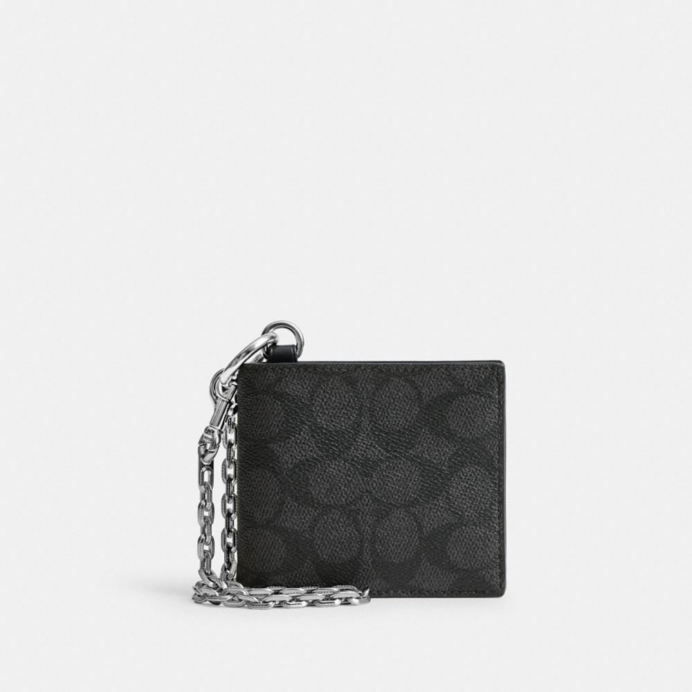 COACH®,Billfold Wallet With Chain In Signature Canvas,Canvas,Calfskin Leather,Bi Fold,Pouch,Chain Detail,Key Ring,Casual,Multi Color,Front View