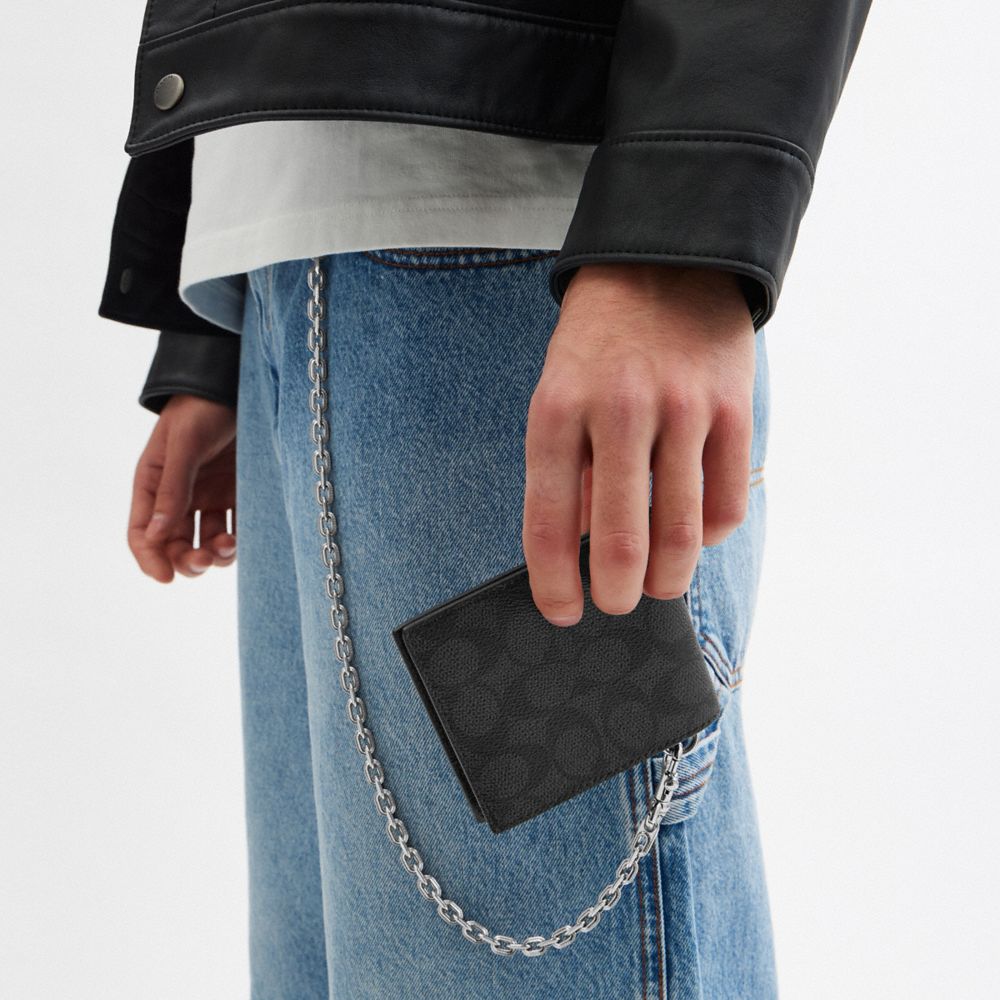 Coach Billfold Wallet With Chain In Signature Canvas In Charcoal Signature
