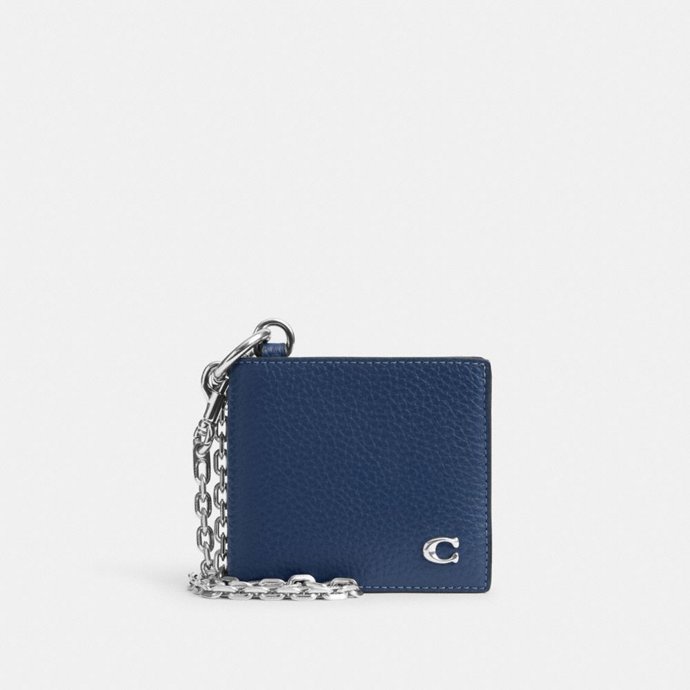 COACH®,Billfold Wallet With Chain,Leather,Bi Fold,Chain Detail,Metal,Logo,Key Ring,Casual,Turquoise,Front View