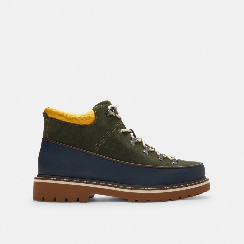 COACH®,Bradley Hiker,Rubber,Suede,Hiking,Mixed Media,Piping,Color Block,Traction,Mudguard,Casual,Olive,Angle View