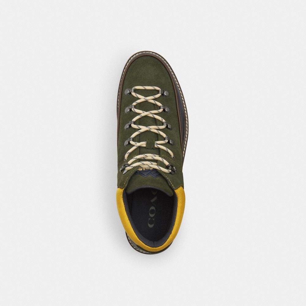 COACH®,Bradley Hiker,Rubber,Suede,Hiking,Mixed Media,Piping,Color Block,Traction,Mudguard,Casual,Olive,Inside View,Top View