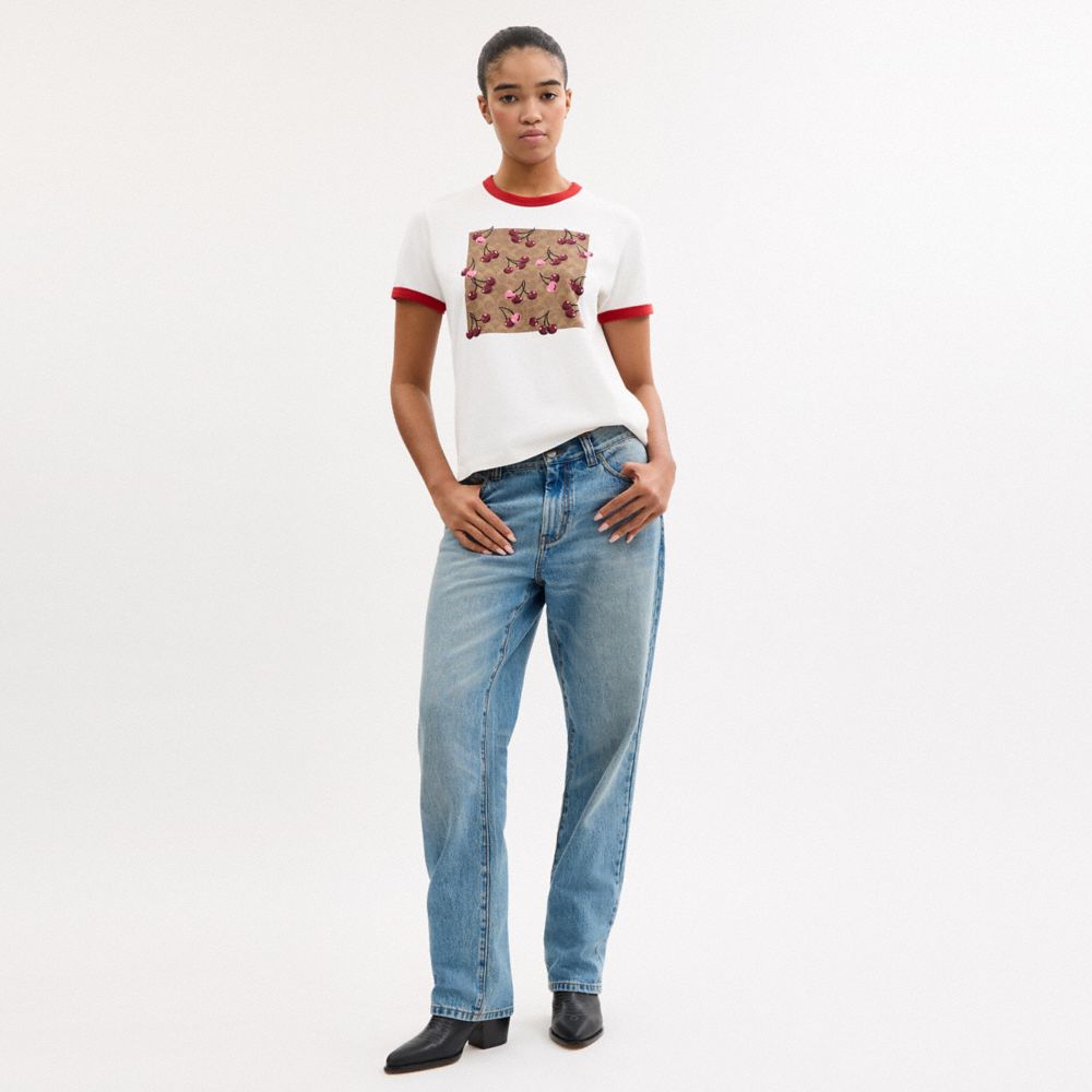 COACH®,Signature Square Cherry T Shirt In Organic Cotton,Organic Cotton,T Shirt,Piping,Eco-Friendly,Casual,White,Scale View