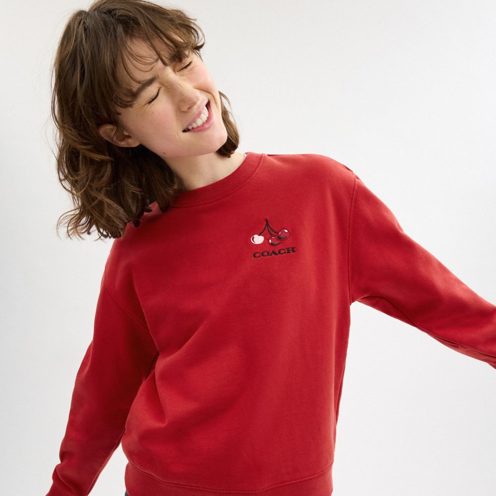 COACH®,Cherry Crewneck Sweatshirt,Cotton,Sweatshirt,Logo,Embroidered,Casual,Red,Detail View