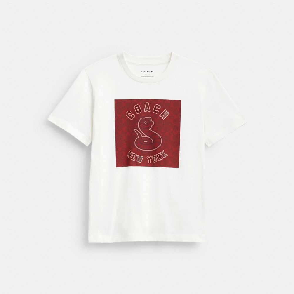 COACH®,New Year Signature Square T Shirt In Organic Cotton With Snake Graphic,,Front View