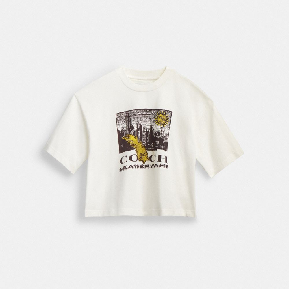 COACH®,Collage Graphic Cropped T Shirt In Organic Cotton,Organic Cotton,T Shirt,Eco-Friendly,Casual,White,Front View