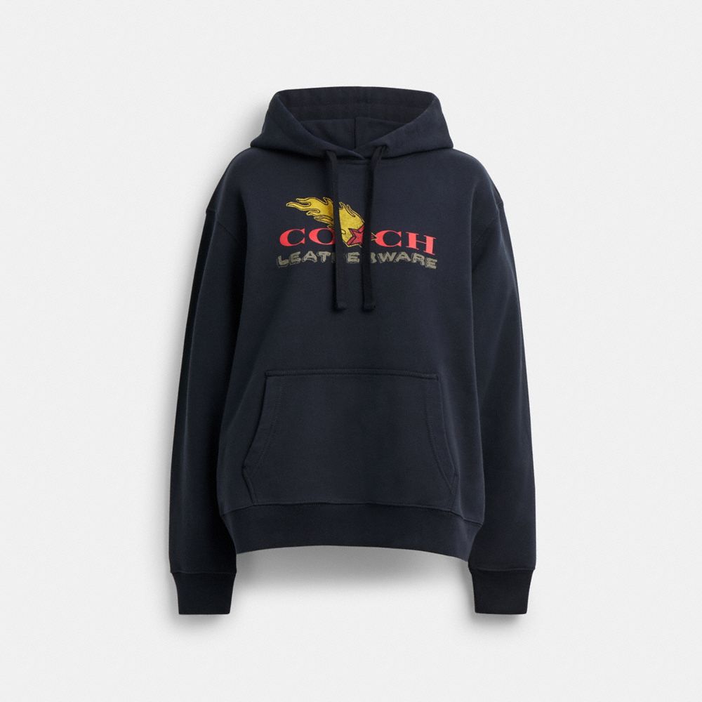 COACH®,Collage Graphic Hoodie In Organic Cotton,Organic Cotton,Sweatshirt,Drawstring,Sustainable,Casual,Navy,Front View